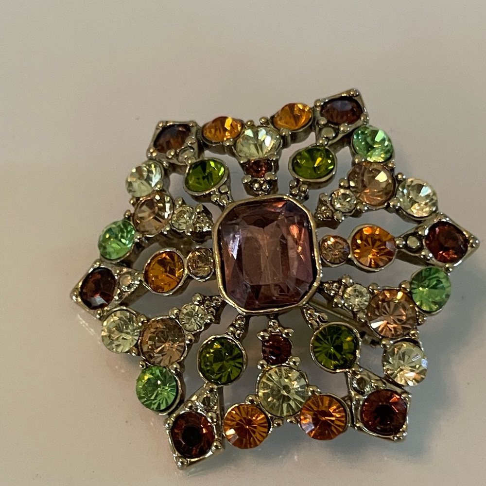 Vintage Signed Liz Claiborne Multicolor Rhinestone Brooch